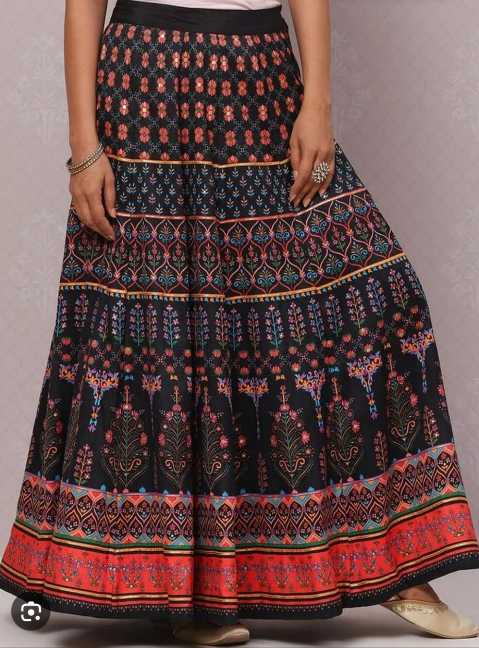 Biba Black Maxi Peasant Boho Skirt with Red and Multicolor Floral Panels